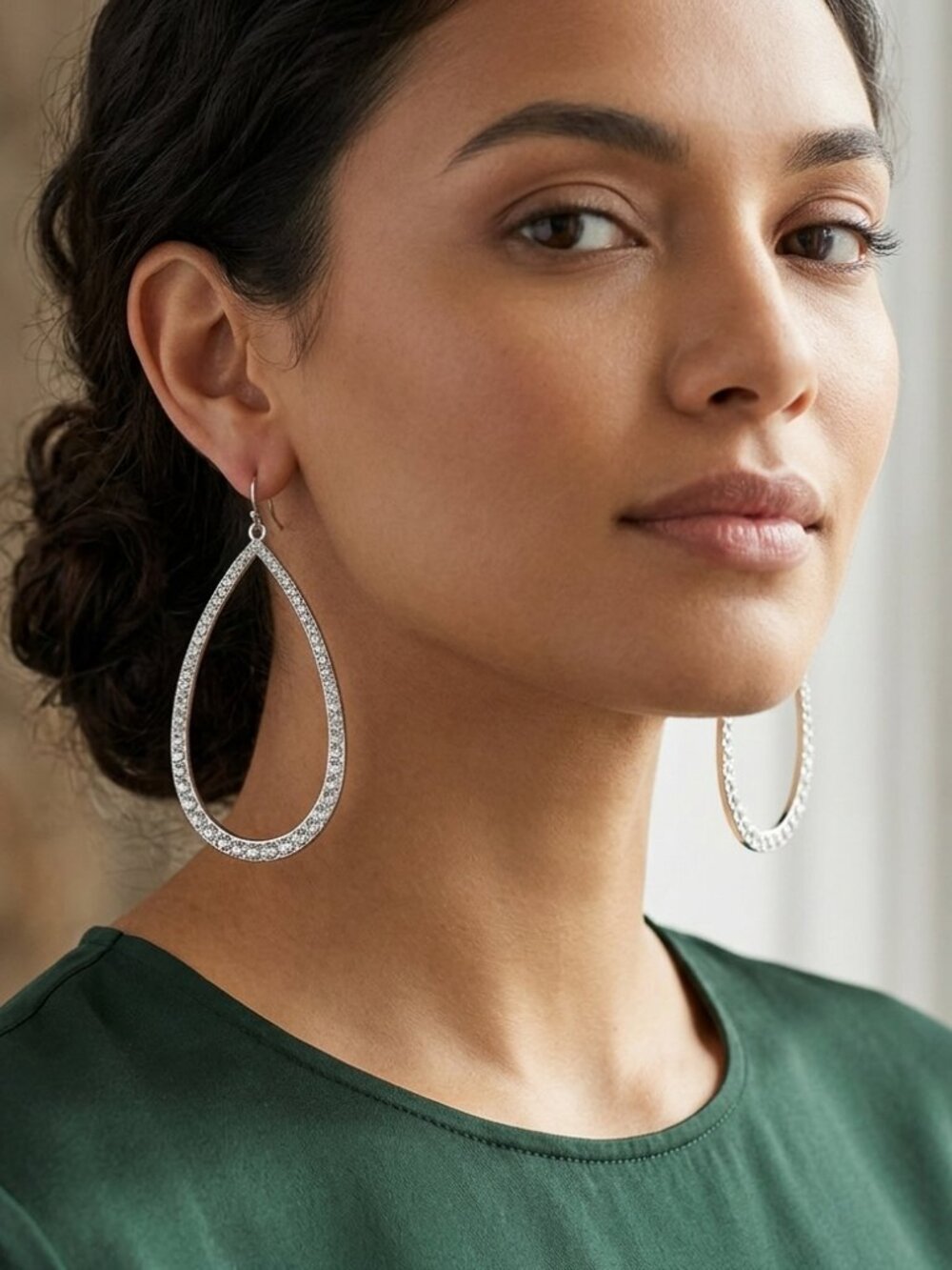 Charming Charlie  elongated teardrop shape silver rhinestone Fish hook earrings